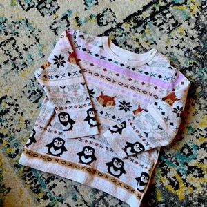 H&M Toddler Girl Pink and Gray Fox and Penguin Sweater. Size 12-18 Months